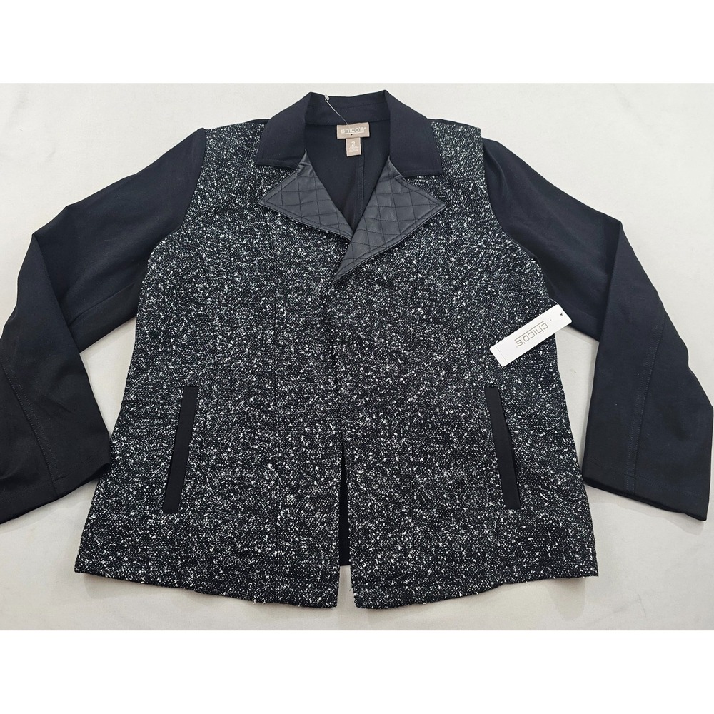 Chico's Blazer Cardigan Jacket Womens 2 L Black Novel Fabric Pockets 570396841